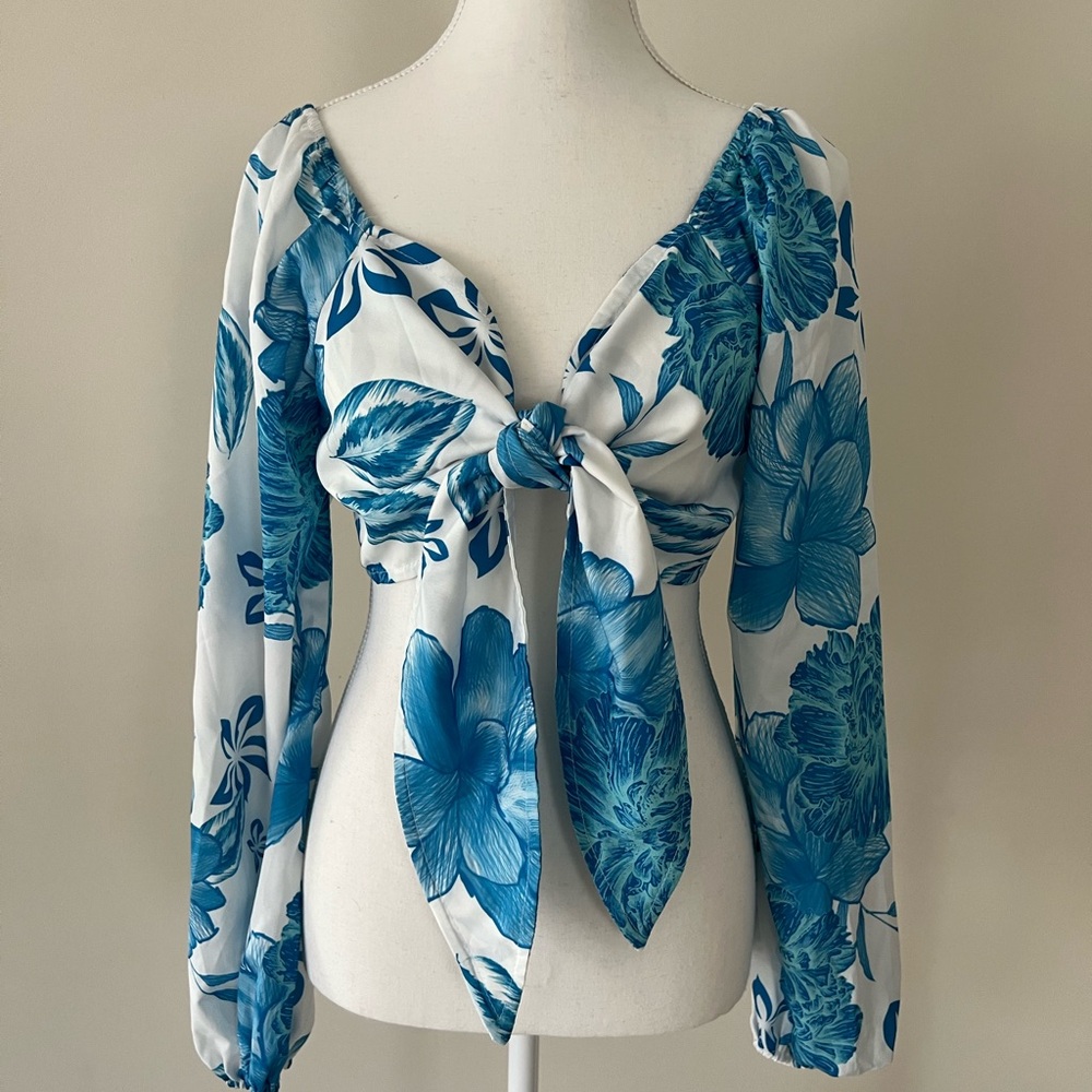 Blue Long Sleeve Tie Front Blouse